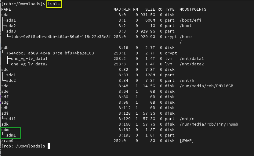  USB drive inserted (plugged in) and showing as /dev/sdm1.