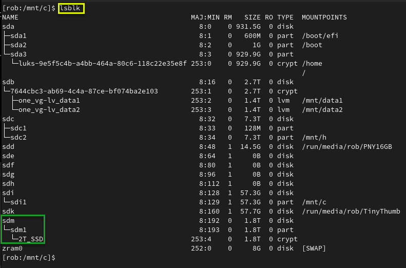  Decrypted volume showing the 2T_SSD alias, but not yet mounted.