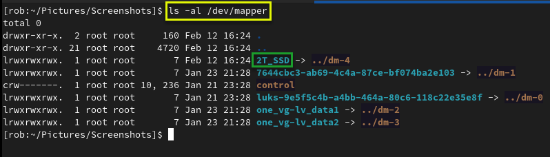  Decrypted volume alias "2T_SSD" showing under /dev/mapper.